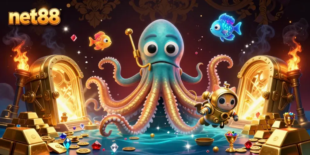 Experience the thrill of net88 with a dynamic underwater treasure hunt illustration featuring rich visuals and casino elements.
