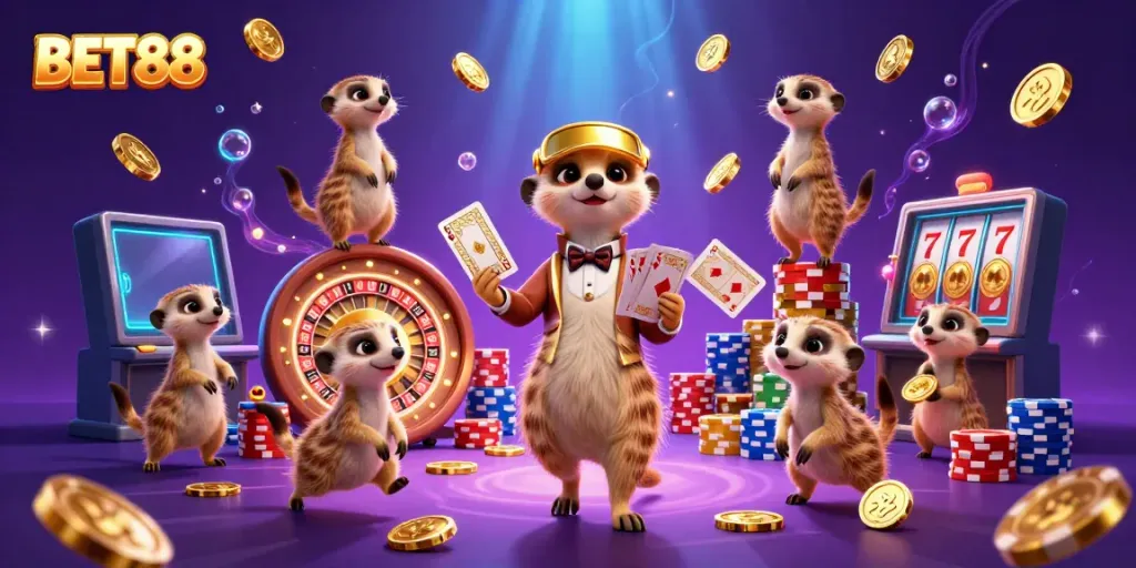 Experience thrilling gameplay at BET88 with playful meerkats lively in a colorful casino scene.
