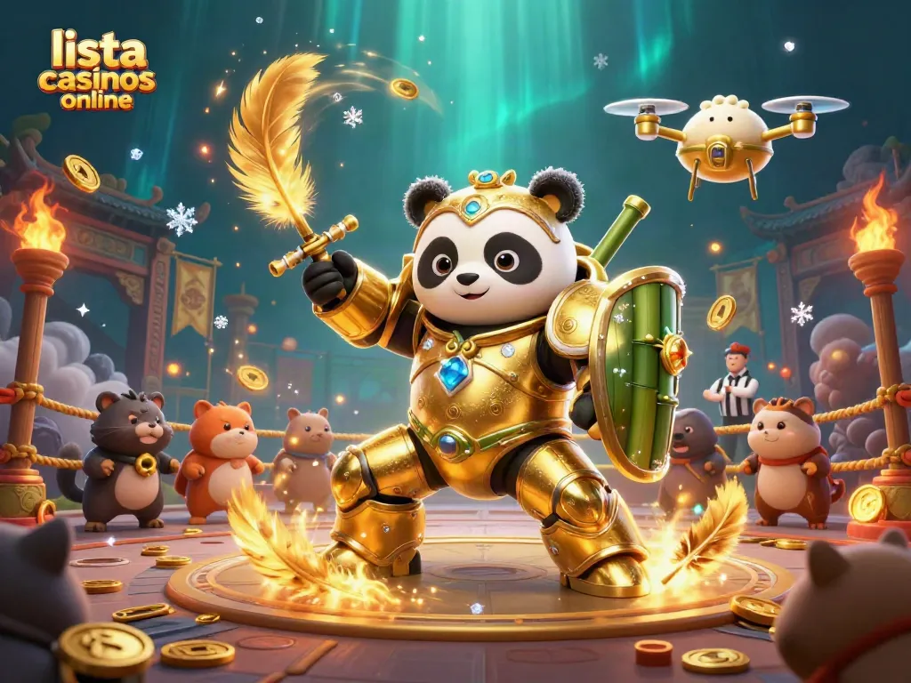 Listado exhaustivo de casinos en línea con el panda mecánico en una ilustración colorida y dinámica.