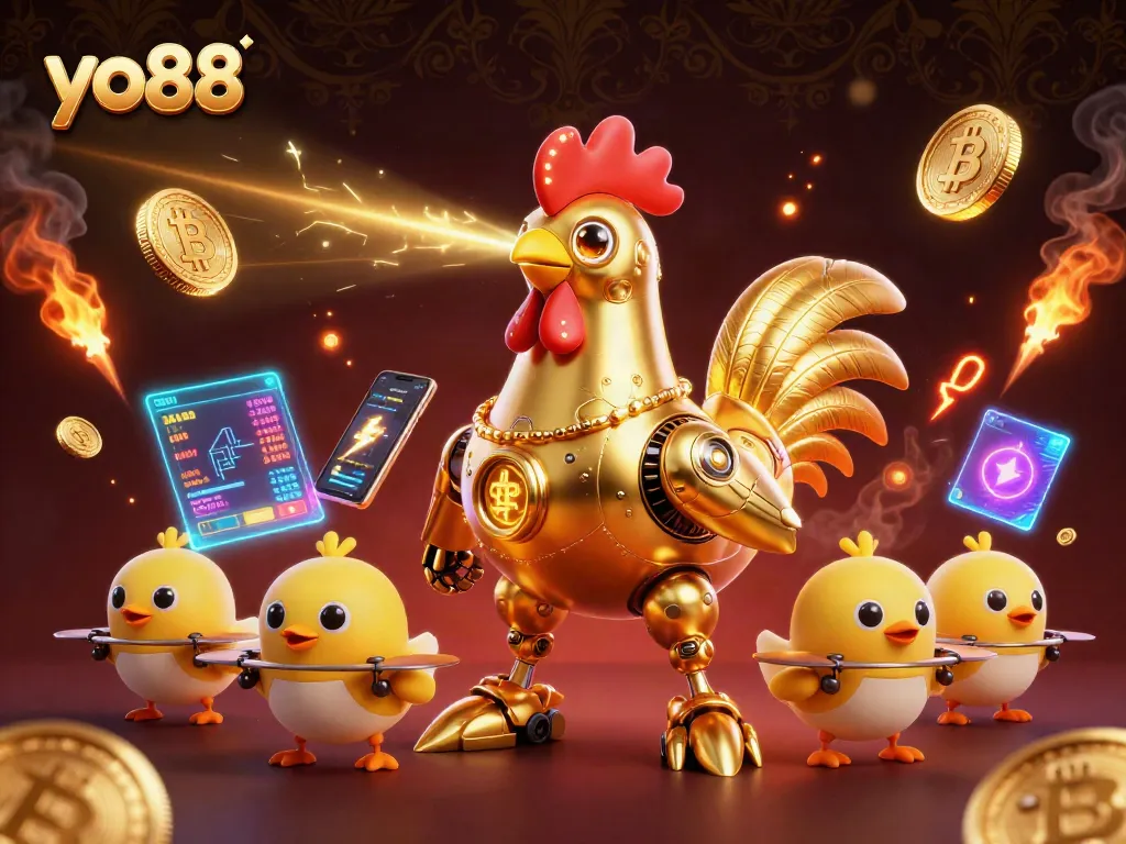 Challenge your luck with yo88, featuring golden rooster robot and crypto-themed elements.