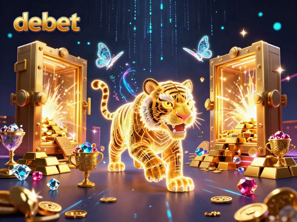Experience the vibrant digital casino landscape with debet's 3D glowing tiger amidst treasures and magical effects.