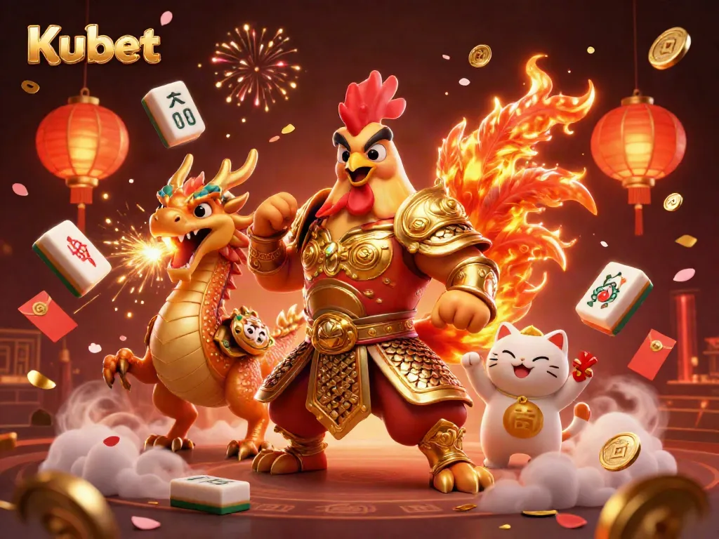 Kubet brings excitement with a powerful rooster warrior, dragon hatchling, and a fortune cat amidst magical casino symbols