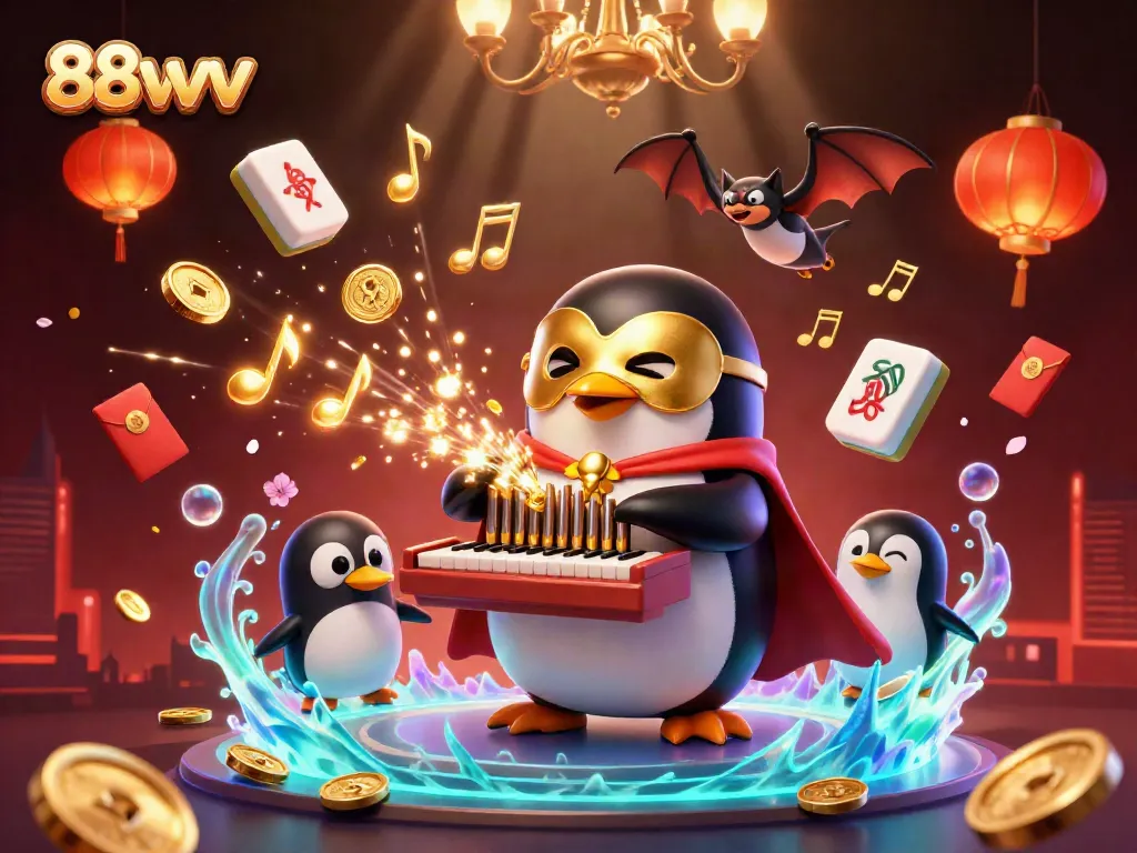 Experience the excitement of 88vvv with vibrant casino elements embodied by a captivating penguin and bat duo.