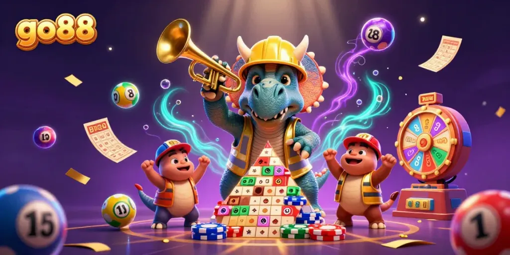 Engage with go88's vibrant 3D scene featuring a triceratops building poker chips amid a casino celebration.