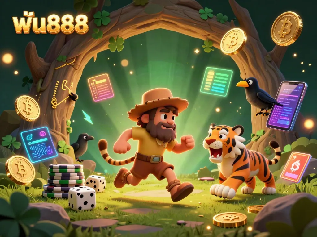 Engage with ฟัน888 by playing poker, surrounded by a dynamic prehistoric casino atmosphere filled with vibrant digital elements.