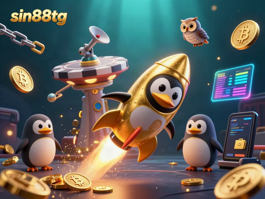 Experience the excitement of sin88tg with dynamic 3D casino-themed golden penguin journeying towards a vibrant poker chip station.