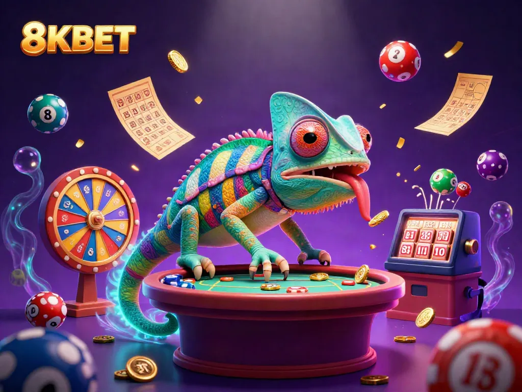 Experience the vibrant world of 8KBET with an animated chameleon casino owner capturing winnings amid dynamic lottery elements.