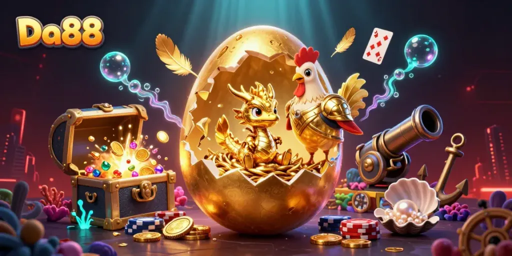 Engage with Da88's thrilling casino experience featuring golden characters and vibrant gaming elements.