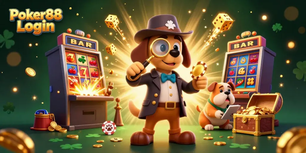 Engage with Poker88 Login as the detective dog uncovers hidden treasures in a vibrant 3D casino scene.