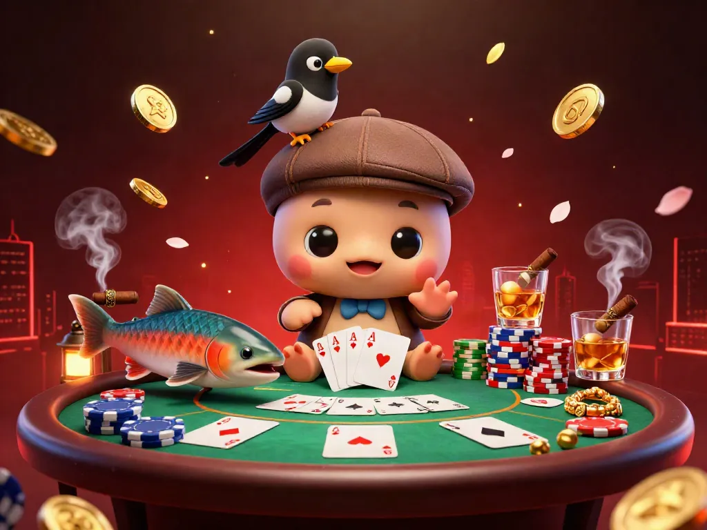 Engage with toto in a vibrant poker scene featuring a playful Nessie and friends, surrounded by colorful chips.