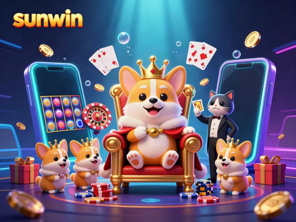 Engage with sunwin as royal corgi sits on poker chip throne among playful gaming elements