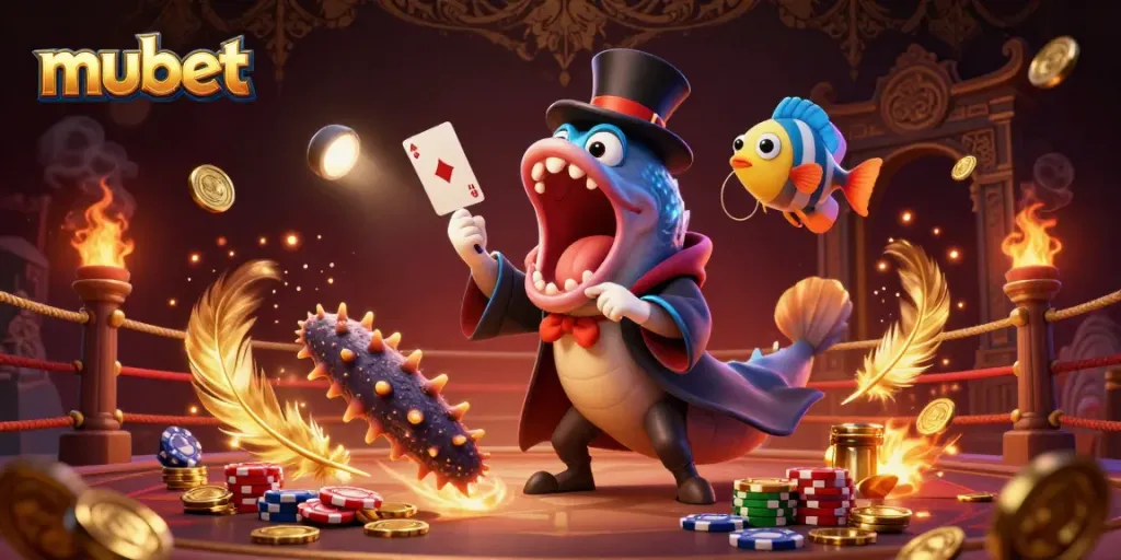 Engage with mubet's thrilling casino atmosphere featuring vibrant characters and rich gambling elements.