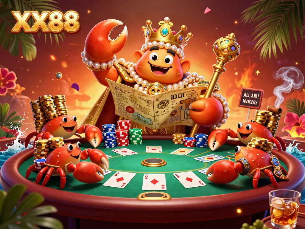 Experience thrilling poker action at XX88 with a golden crab emperor in a vibrant casino.