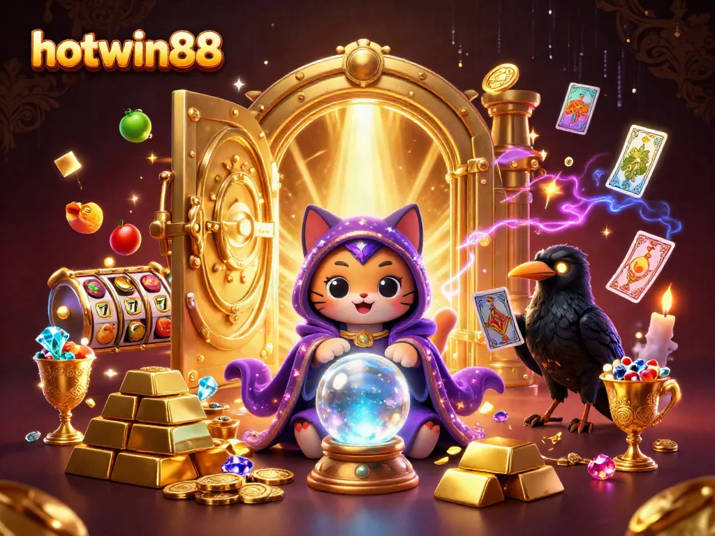 Experience thrilling gameplay with hotwin88 as the fortune teller cat reveals jackpots surrounded by riches.