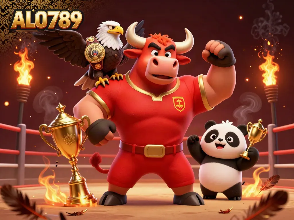 Join the excitement at ALO789 with a dynamic illustration featuring a victorious bull, eagle, and panda in a cockfighting arena.