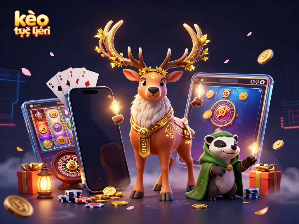 Engage with kèo trực tuyến insights featuring a Celtic stag, a wise badger, and exciting game elements in 3D.
