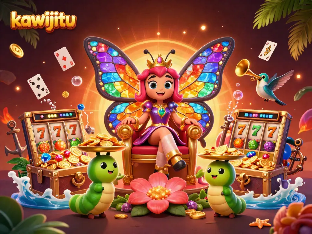 Experience thrilling gameplay with the kawijitu butterfly queen amidst slot machines and vibrant casino elements.