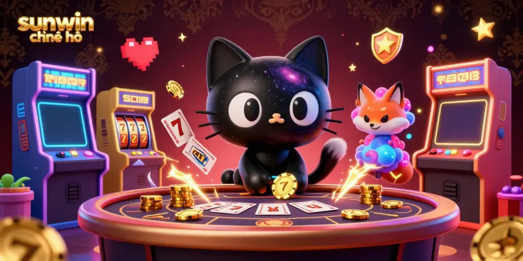 Experience lively gaming action with sunwin chính chủ as a cosmic black hole cat entices players at a vibrant casino.