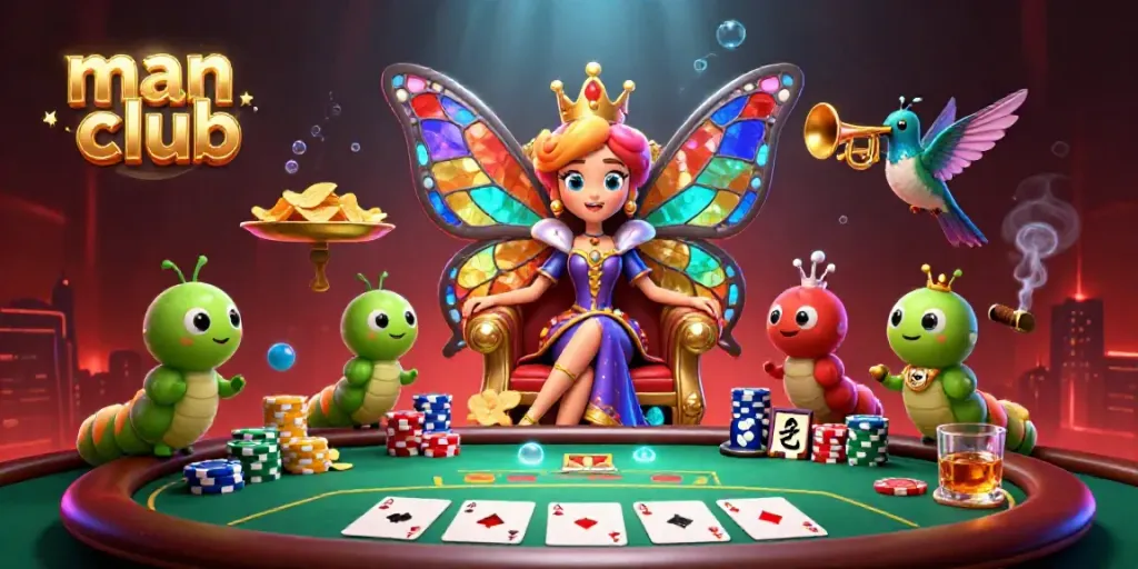Experience vibrant casino action at man club with a butterfly queen and poker dynamics.