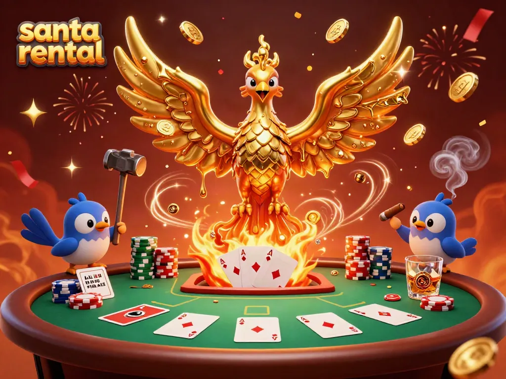 Experience festive excitement with a santa rental scene featuring a molten phoenix and vibrant casino elements.