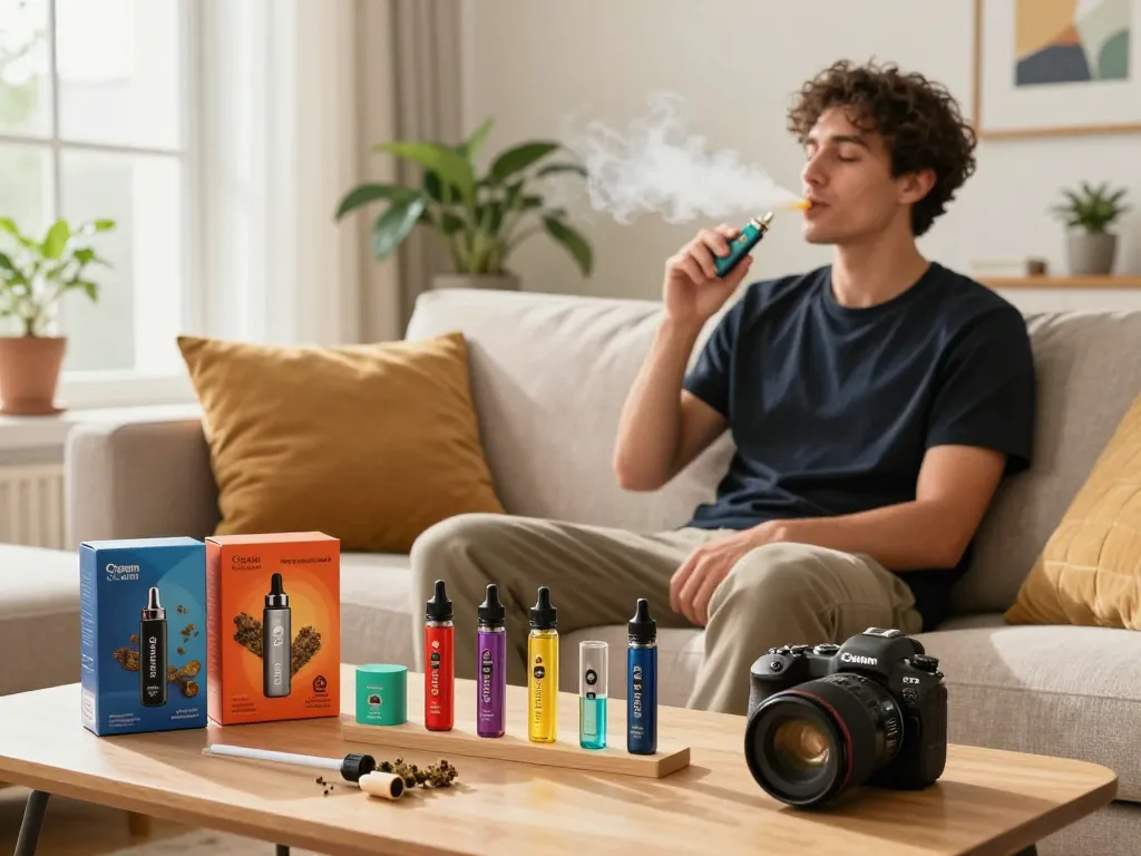 Enjoying Clean Carts Disposable with assortment of flavors in cozy living room setting