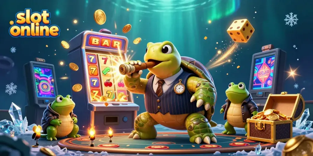 Experience the thrill of slot online gaming with colorful iconography and fun characters in this vibrant casino scene.