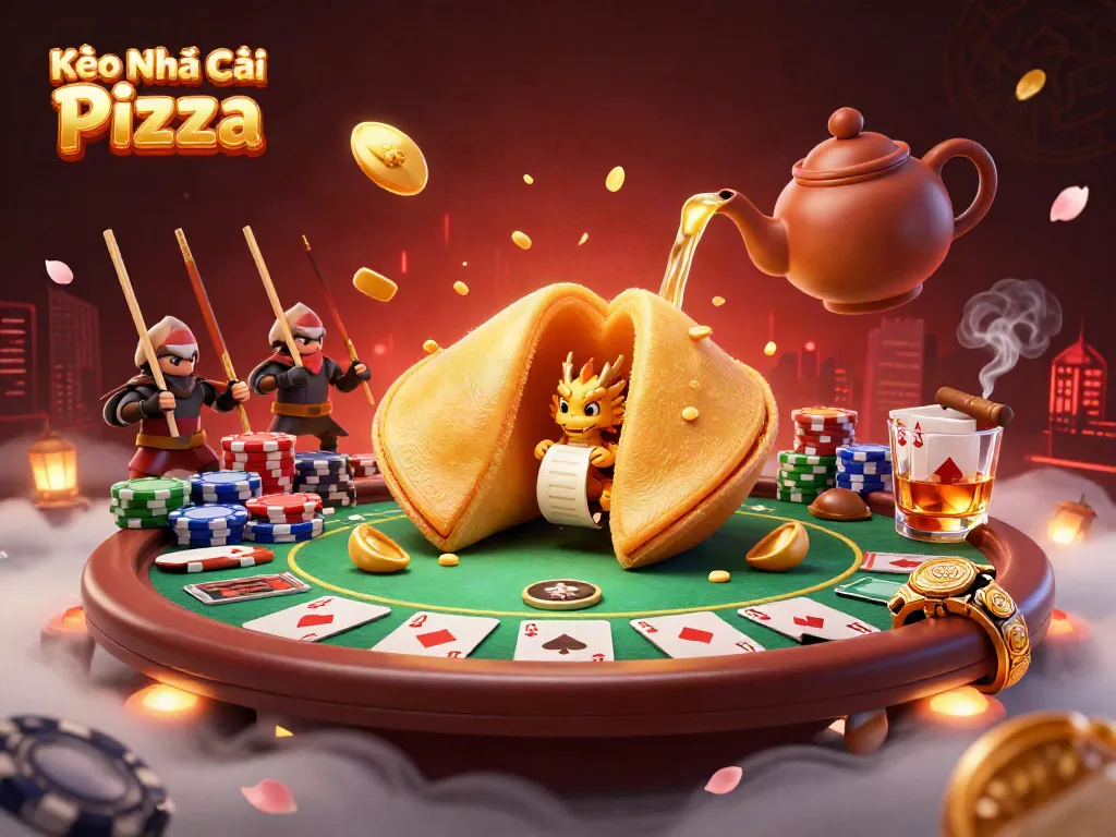Kèo Nhà Cái Pizza showcases a vibrant illustration with a golden fortune cookie, poker elements, and ethereal lighting.
