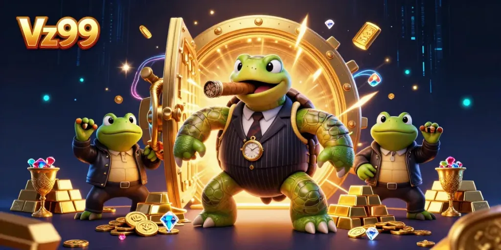 Experience Vz99's elite casino scene with a 3D cartoon turtle mobster and enchanting gold elements.