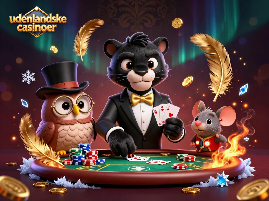 Experience the thrill of udenlandske casinoer with charming characters playing poker in a vibrant setting.