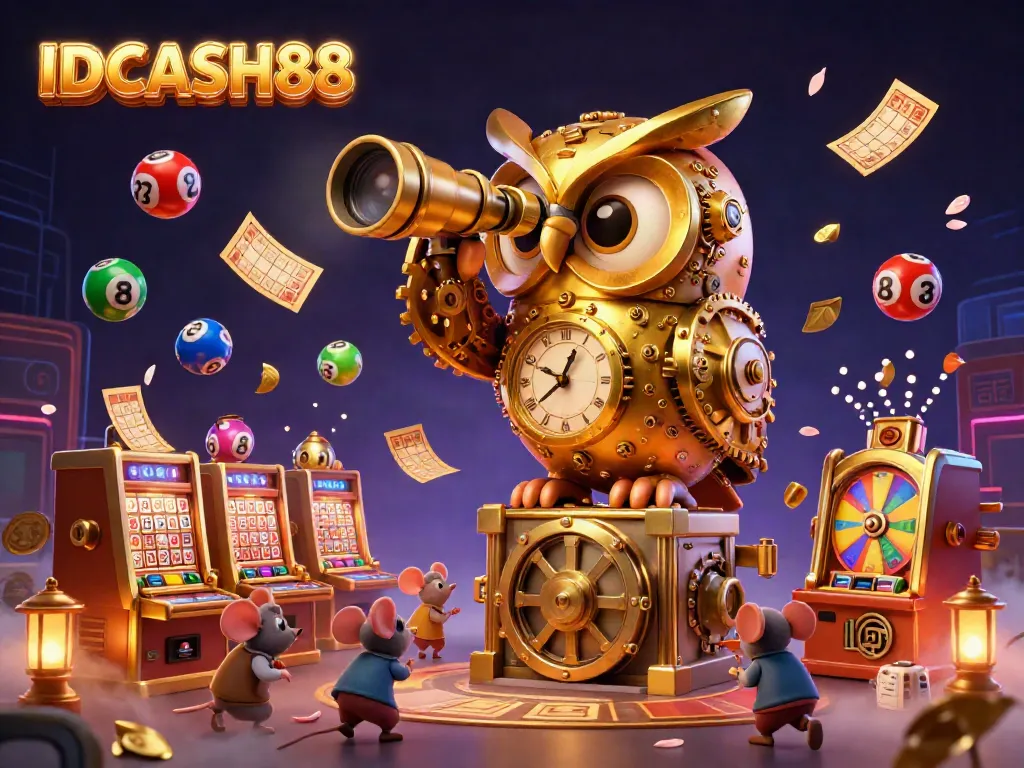 Engage with IDCASH88 through a vibrant 3D casino illustration showcasing an owl and cartoon elements.