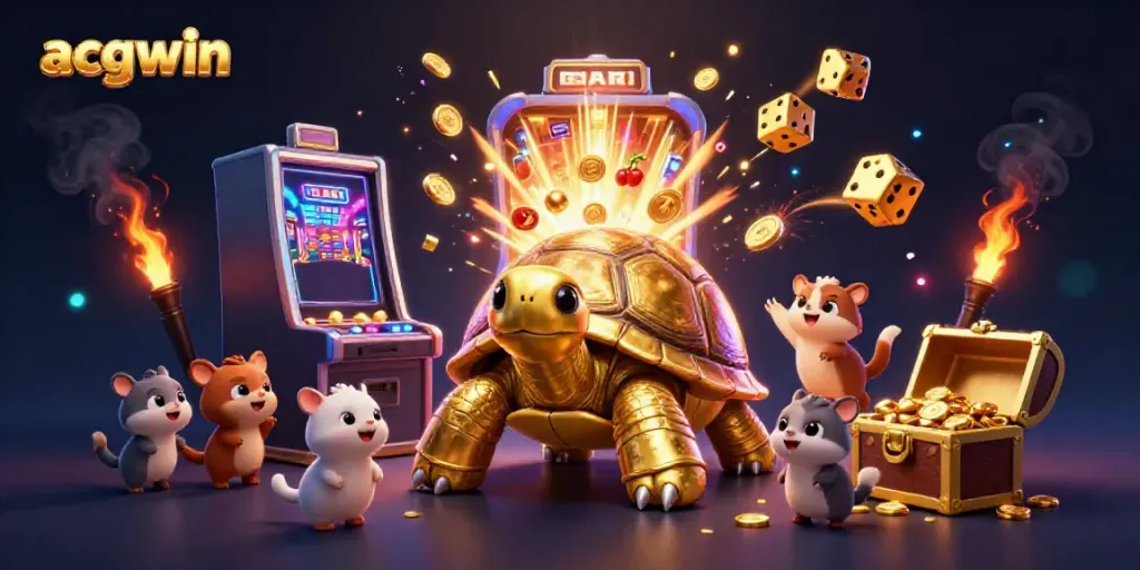 Experience the excitement of acgwin with a thrilling 3D cartoon scene of a colossal tortoise pinball and jackpots.