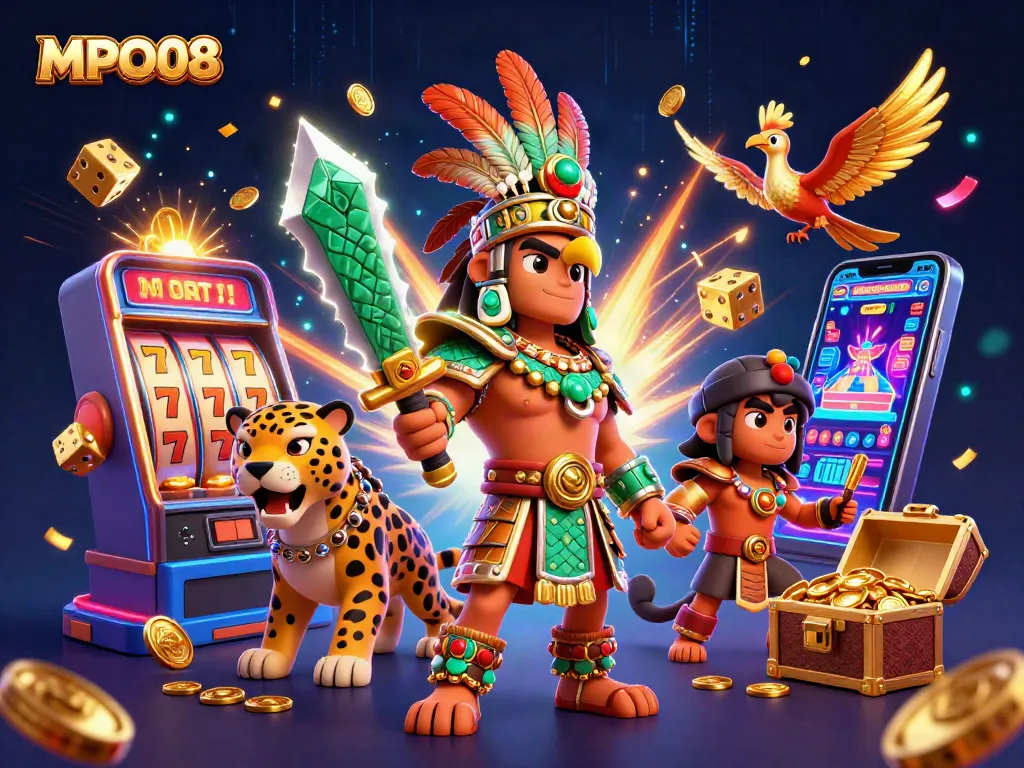 MPO08 elevates gambling with vibrant slot machines and Aztec warriors in a thrilling scene.