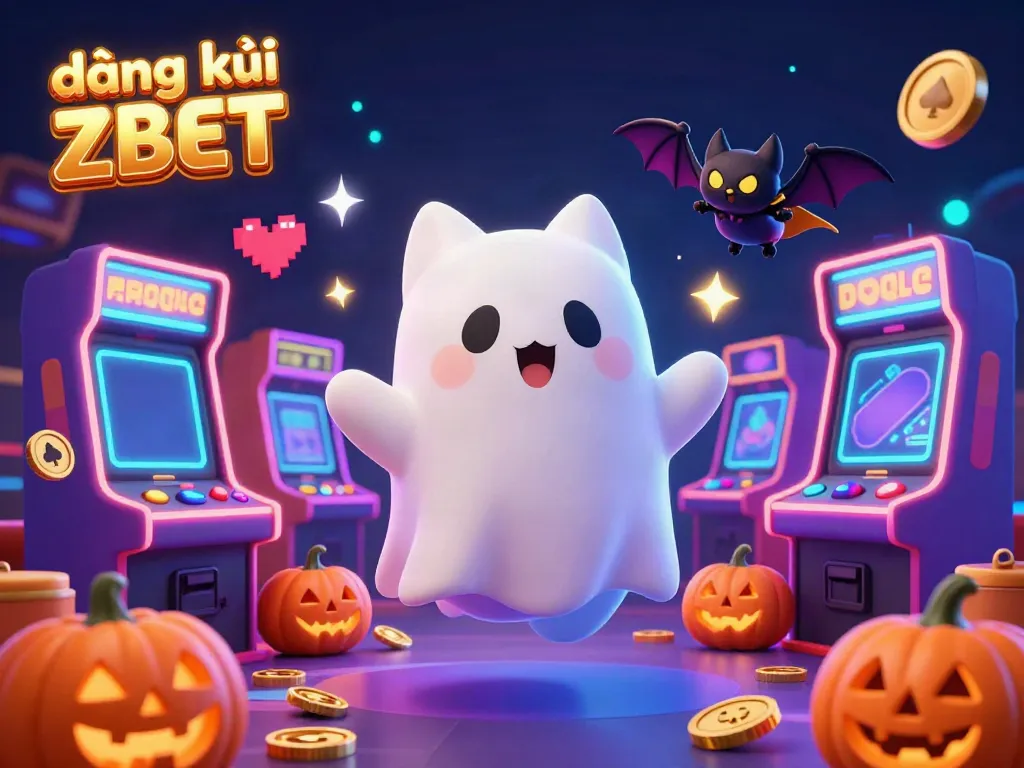 Experience the magic of đăng ký ZBET with an enchanting 3D casino scene featuring a ghost cat and arcade elements.