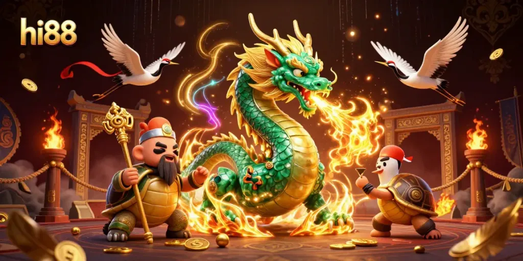Engage in thrilling gameplay at hi88 with a vibrant 3D illustration of a jade dragon and lucky symbols.