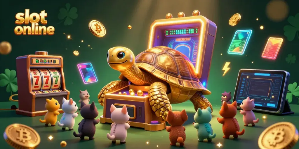 Experience the thrill of slot online play with a vibrant 3D illustration of a tortoise-themed pinball machine and excited animals ready to win.