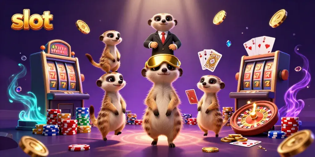 Meerkat yang beroperasi di kasino slot, dengan chip dan koin emas berterbangan, menampilkan keberuntungan.