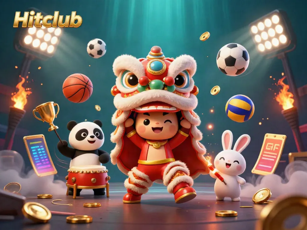 Engage with Hitclub in this vibrant casino scene featuring a lion dance, drumming panda, and sports elements.
