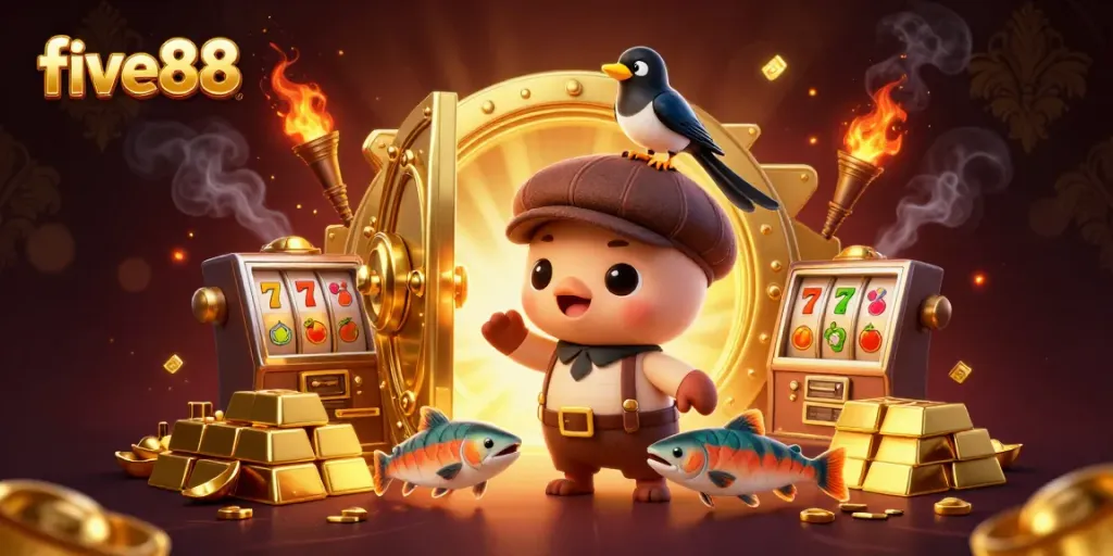 Spin the five88 reels with cartoon characters in a vibrant, treasure-filled casino setting.