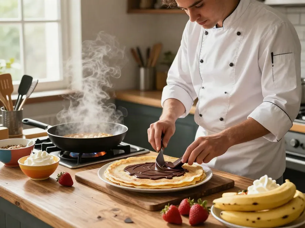 Delicious crepes being prepared with rokok88's premium dark chocolate in a warm kitchen ambiance.