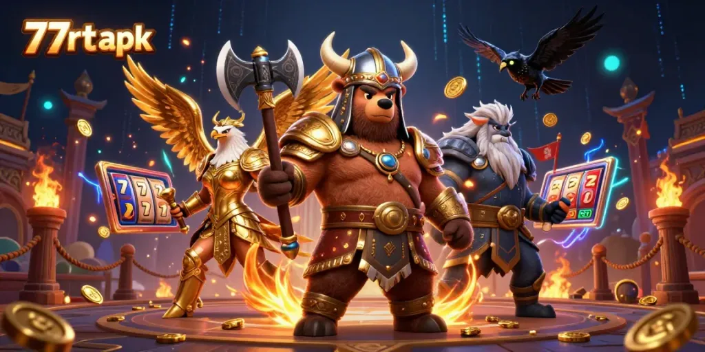 Engage with the thrilling world of 77rt apk, showcasing a dynamic scene of Viking characters in a vibrant casino environment.