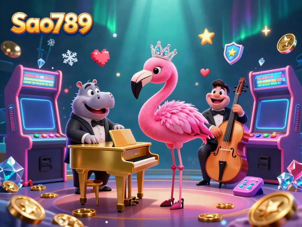 Sao789 brings excitement with vibrant casino characters and colorful game elements in a dynamic digital art scene.