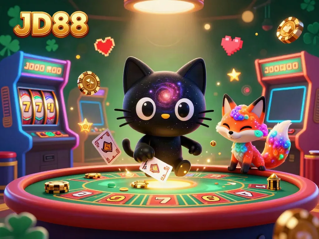 Experience JD88 with a 3D cosmic casino featuring a black hole cat and colorful nebula fox animated with vibrant game elements.