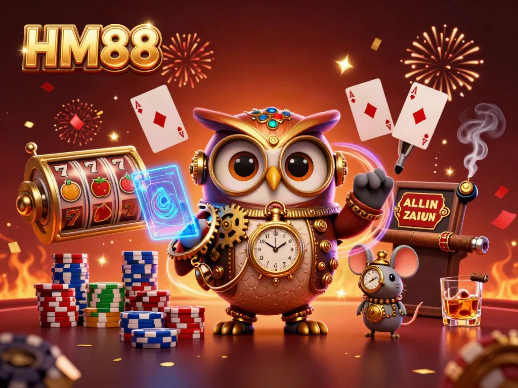 Experience thrilling gameplay at HM88 with a whimsical steampunk owl and vibrant casino action.