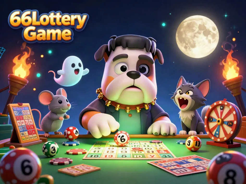 Engage in the vibrant 66Lottery Game with a spooky scene featuring a Frankenstein bulldog dealing numbers at a lottery table.