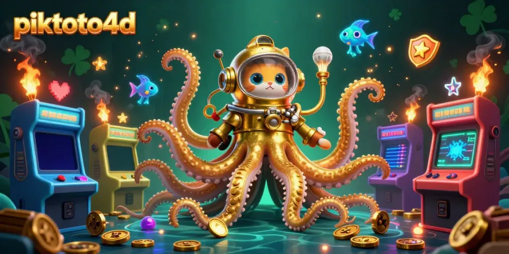 Experience the thrill of piktoto4d with a playful 3D kraken and diving cat amidst arcade games.