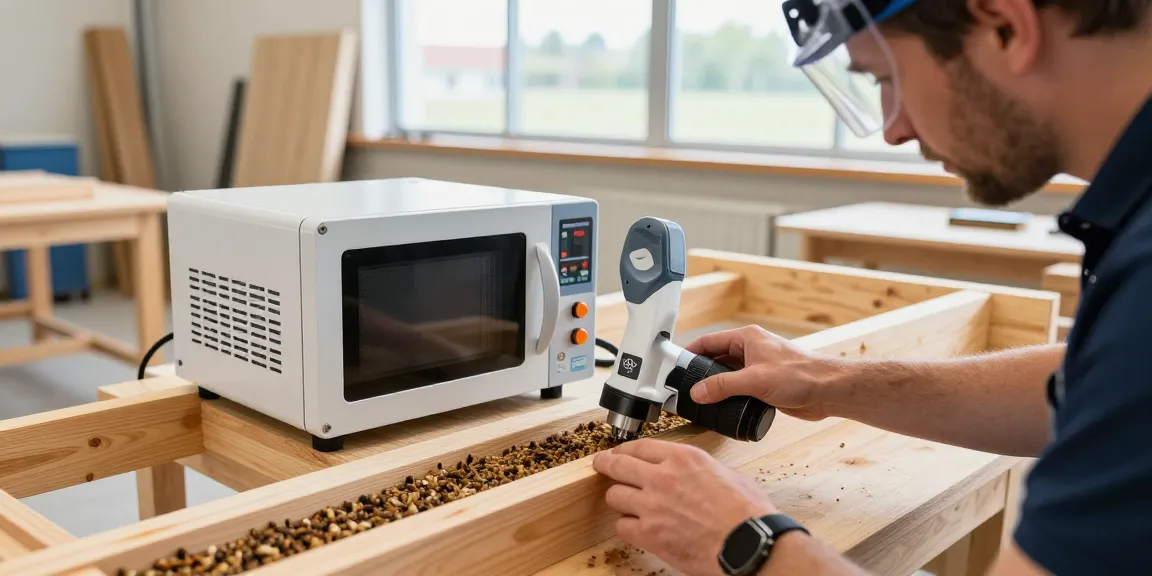 Shashel technician using microwave equipment for rapid woodworm elimination in a workshop.