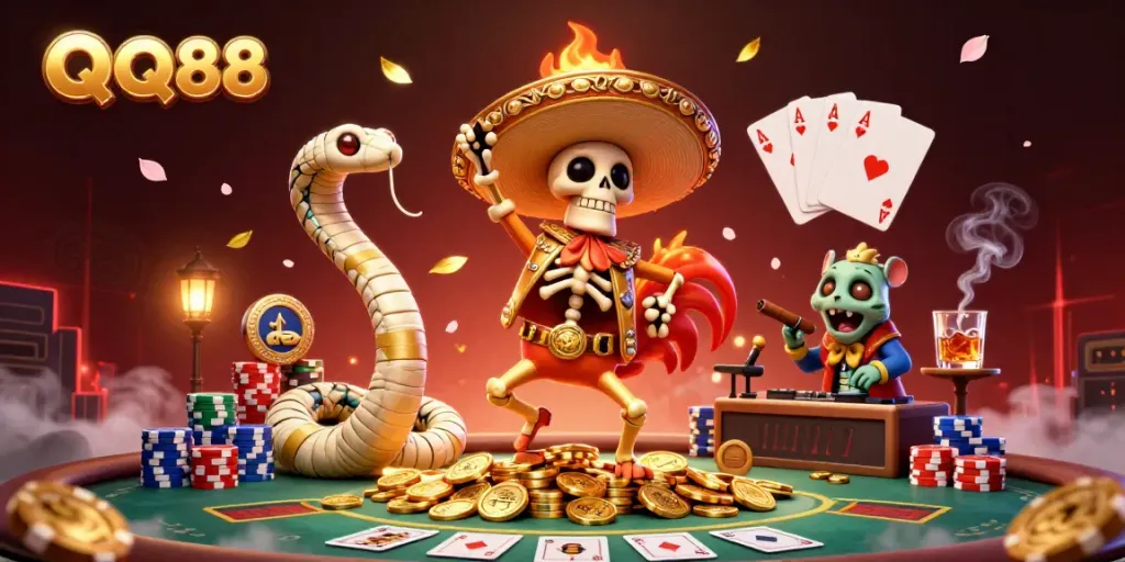 Experience thrilling gameplay with QQ88's vibrant casino scene featuring animated characters and poker elements.