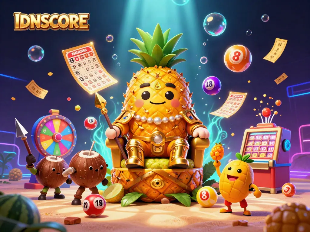 Engage with IDNSCORE's vibrant casino scene featuring a golden pineapple king and dynamic gaming elements.