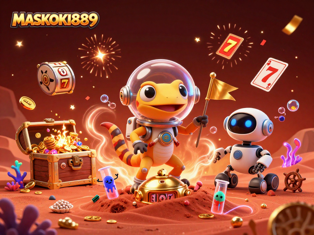 Engage with MASKOKI889 in a vibrant 3D casino adventure, featuring dynamic Martian characters and exciting game elements.