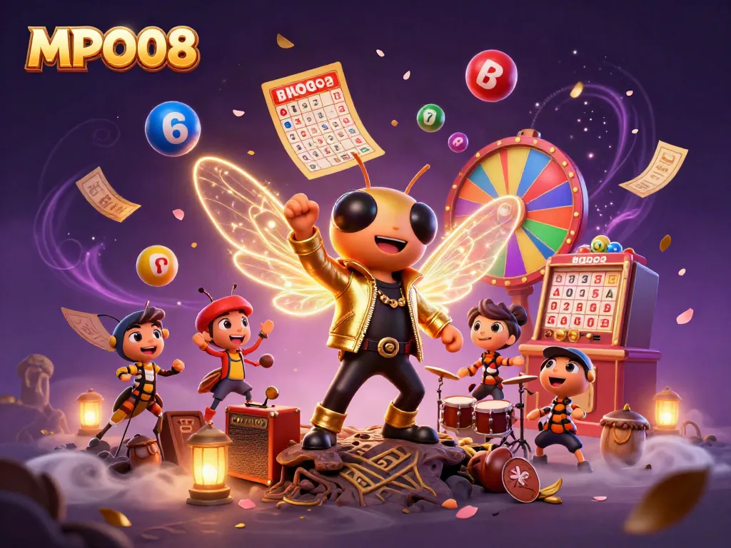 MPO08 graphic featuring a 3D cicada rock star alongside dynamic lottery elements for an engaging gambling experience.